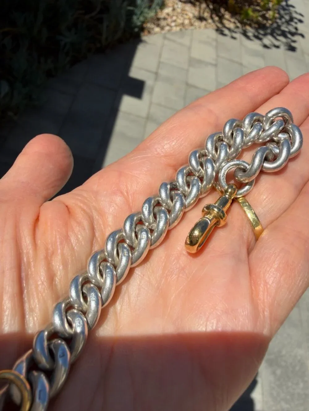 Chunky antique sterling silver curb chain bracelet with XL gold dog clip, 6.5